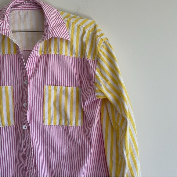 Yellow and Pink Long Sleeve Button Down Shirt Size S.Oversized Cotton LongSleeve - Picture 7 of 7